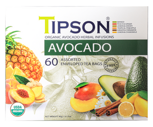 Tipson Avocado Assorted – zestaw herbat z kolekcji organicznych naparów. 6 smaków w kopertowanych saszetkach zapakowanych w ozdobną herbaciarkę z motywem owoców, cytrusów, kwiatów i przypraw.