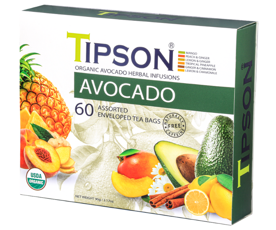 Tipson Avocado Assorted – zestaw herbat z kolekcji organicznych naparów. 6 smaków w kopertowanych saszetkach zapakowanych w ozdobną herbaciarkę z motywem owoców, cytrusów, kwiatów i przypraw.