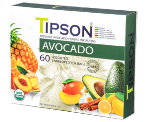 Tipson Avocado Assorted – zestaw herbat z kolekcji organicznych naparów. 6 smaków w kopertowanych saszetkach zapakowanych w ozdobną herbaciarkę z motywem owoców, cytrusów, kwiatów i przypraw.