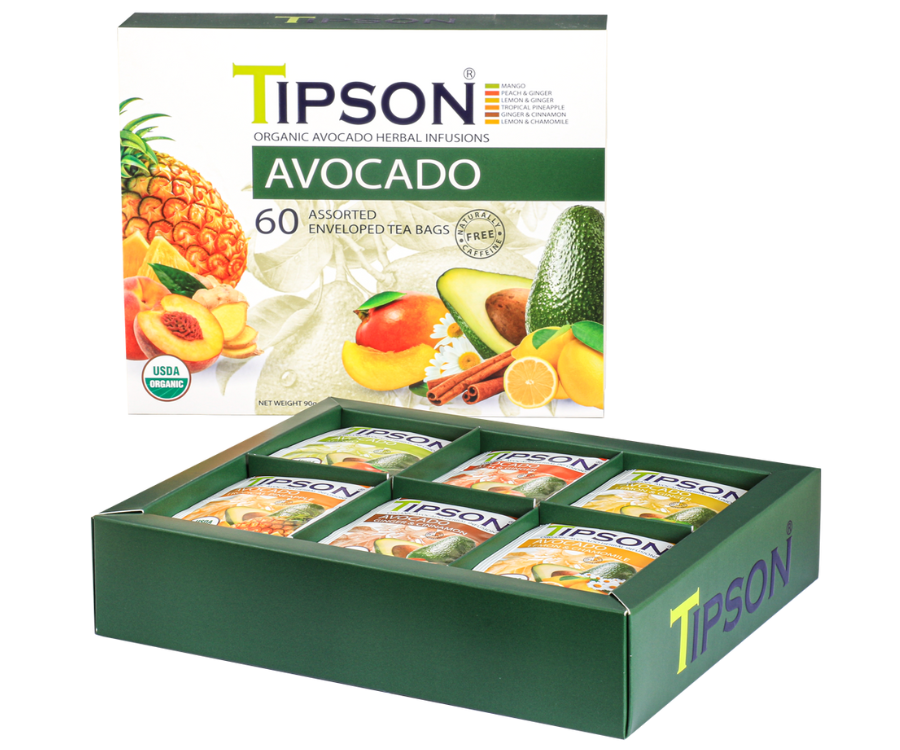 Tipson Avocado Assorted – zestaw herbat z kolekcji organicznych naparów. 6 smaków w kopertowanych saszetkach zapakowanych w ozdobną herbaciarkę z motywem owoców, cytrusów, kwiatów i przypraw.