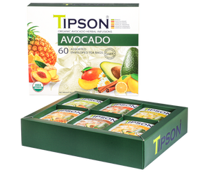 Tipson Avocado Assorted – zestaw herbat z kolekcji organicznych naparów. 6 smaków w kopertowanych saszetkach zapakowanych w ozdobną herbaciarkę z motywem owoców, cytrusów, kwiatów i przypraw.