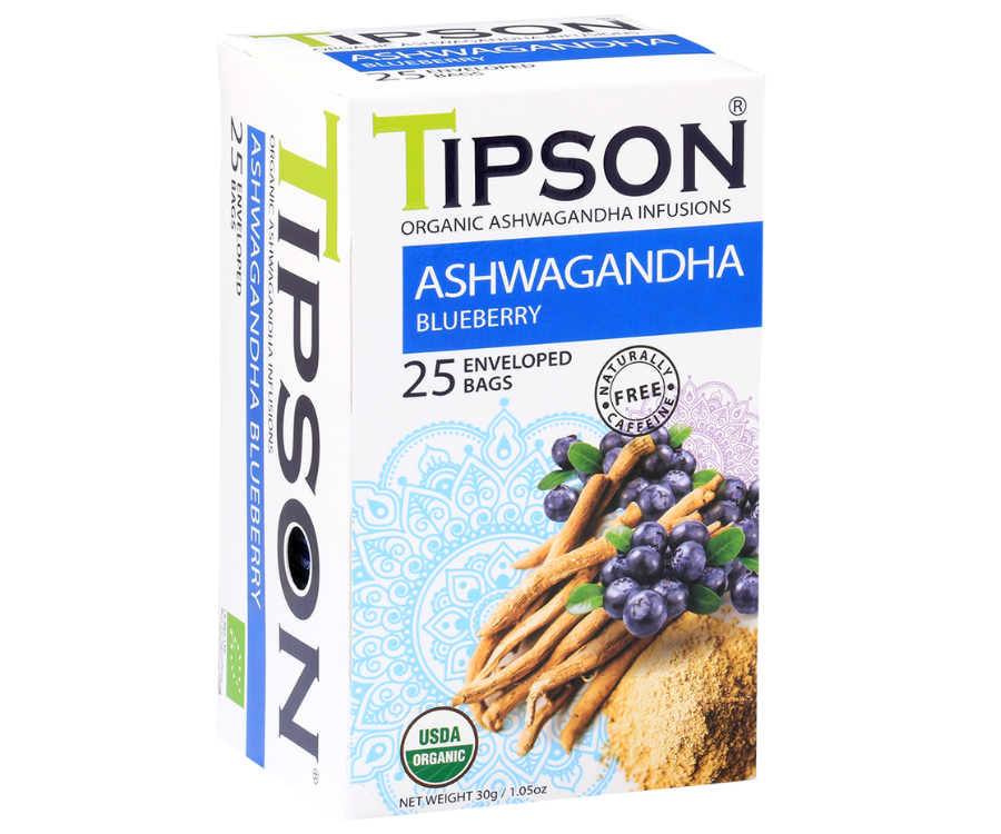 Tipson Ashwagandha Blueberry – organiczna mieszanka rumianku, ashwagandhy, trawy cytrynowej, dzikiej róży, skórki pomarańczy, hibiskusa oraz naturalnego aromatu borówki. Kopertowane saszetki zostały umieszczone w opakowaniu ozdobionym grafiką borówek i przypraw.