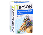 Tipson Ashwagandha Blueberry – organiczna mieszanka rumianku, ashwagandhy, trawy cytrynowej, dzikiej róży, skórki pomarańczy, hibiskusa oraz naturalnego aromatu borówki. Kopertowane saszetki zostały umieszczone w opakowaniu ozdobionym grafiką borówek i przypraw.