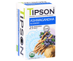 Tipson Ashwagandha Blueberry – organiczna mieszanka rumianku, ashwagandhy, trawy cytrynowej, dzikiej róży, skórki pomarańczy, hibiskusa oraz naturalnego aromatu borówki. Kopertowane saszetki zostały umieszczone w opakowaniu ozdobionym grafiką borówek i przypraw.