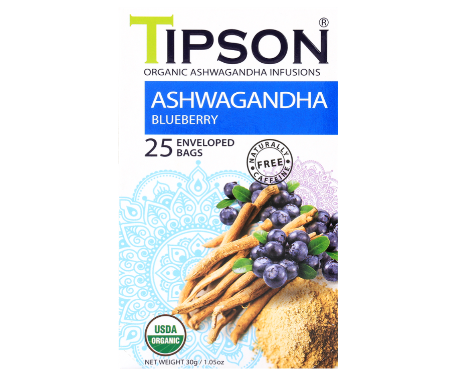 Tipson Ashwagandha Blueberry – organiczna mieszanka rumianku, ashwagandhy, trawy cytrynowej, dzikiej róży, skórki pomarańczy, hibiskusa oraz naturalnego aromatu borówki. Kopertowane saszetki zostały umieszczone w opakowaniu ozdobionym grafiką borówek i przypraw.