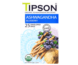 Tipson Ashwagandha Blueberry – organiczna mieszanka rumianku, ashwagandhy, trawy cytrynowej, dzikiej róży, skórki pomarańczy, hibiskusa oraz naturalnego aromatu borówki. Kopertowane saszetki zostały umieszczone w opakowaniu ozdobionym grafiką borówek i przypraw.