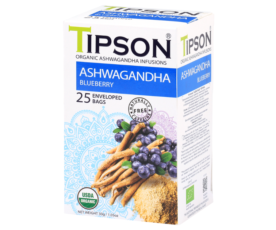 Tipson Ashwagandha Blueberry – organiczna mieszanka rumianku, ashwagandhy, trawy cytrynowej, dzikiej róży, skórki pomarańczy, hibiskusa oraz naturalnego aromatu borówki. Kopertowane saszetki zostały umieszczone w opakowaniu ozdobionym grafiką borówek i przypraw.