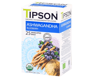 Tipson Ashwagandha Blueberry – organiczna mieszanka rumianku, ashwagandhy, trawy cytrynowej, dzikiej róży, skórki pomarańczy, hibiskusa oraz naturalnego aromatu borówki. Kopertowane saszetki zostały umieszczone w opakowaniu ozdobionym grafiką borówek i przypraw.