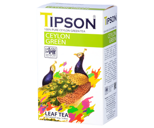 Tipson Ceylon Green – zielona herbata cejlońska bez dodatków. Mieszanka liści została umieszczona w ozdobnym opakowaniu z grafiką pary dostojnych pawi.
