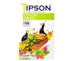 Tipson Ceylon Green – zielona herbata cejlońska bez dodatków. Mieszanka liści została umieszczona w ozdobnym opakowaniu z grafiką pary dostojnych pawi. 