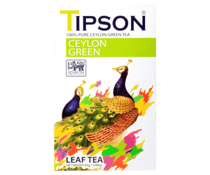 Tipson Ceylon Green – zielona herbata cejlońska bez dodatków. Mieszanka liści została umieszczona w ozdobnym opakowaniu z grafiką pary dostojnych pawi.