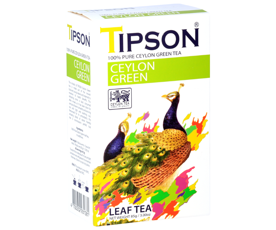 Tipson Ceylon Green – zielona herbata cejlońska bez dodatków. Mieszanka liści została umieszczona w ozdobnym opakowaniu z grafiką pary dostojnych pawi.