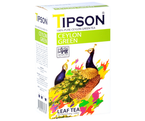 Tipson Ceylon Green – zielona herbata cejlońska bez dodatków. Mieszanka liści została umieszczona w ozdobnym opakowaniu z grafiką pary dostojnych pawi.