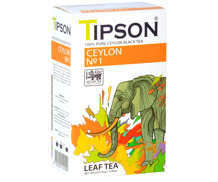 Tipson Ceylon No. 1 –  czarna herbata cejlońska bez dodatków. Mieszanka liści została umieszczona w ozdobnym opakowaniu z grafiką słonia.