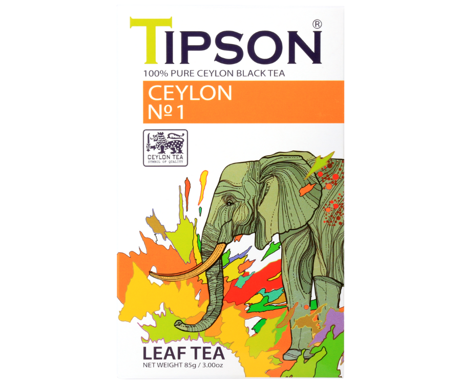 Tipson Ceylon No. 1 –  czarna herbata cejlońska bez dodatków. Mieszanka liści została umieszczona w ozdobnym opakowaniu z grafiką słonia.
