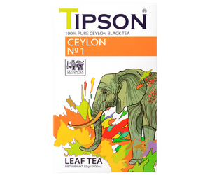 Tipson Ceylon No. 1 –  czarna herbata cejlońska bez dodatków. Mieszanka liści została umieszczona w ozdobnym opakowaniu z grafiką słonia.
