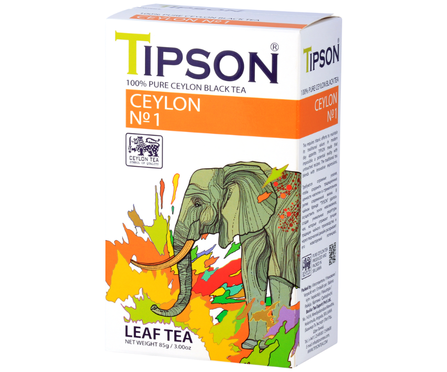 Tipson Ceylon No. 1 –  czarna herbata cejlońska bez dodatków. Mieszanka liści została umieszczona w ozdobnym opakowaniu z grafiką słonia.