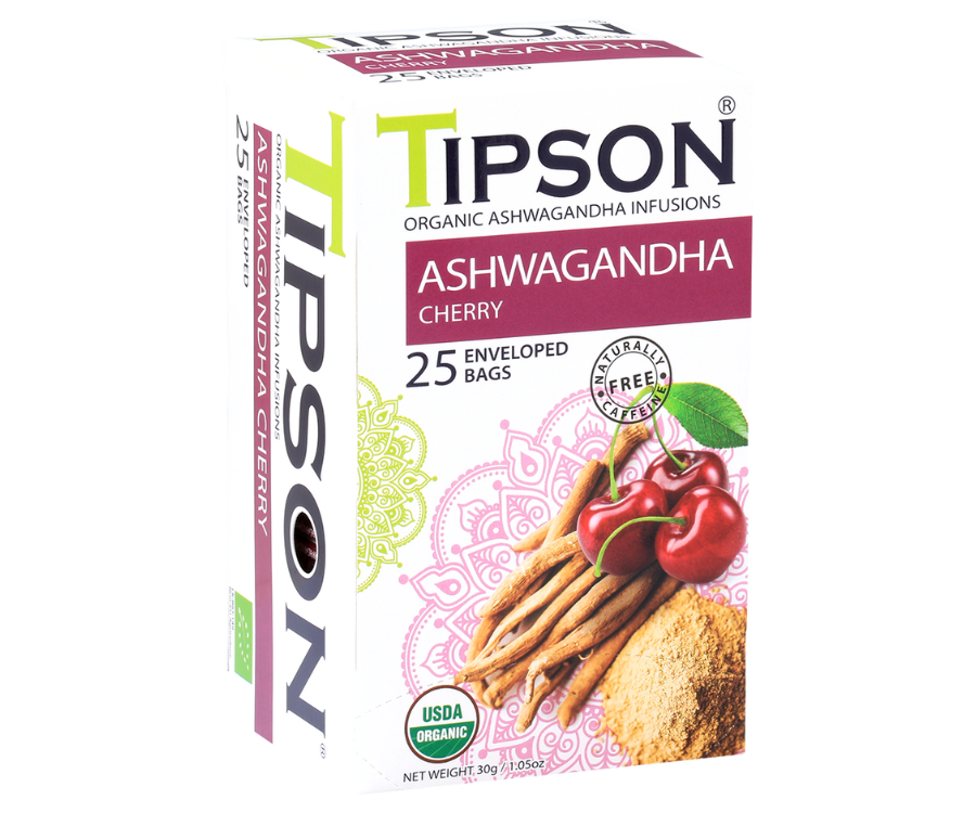 Tipson Ashwagandha Cherry – organiczna mieszanka rumianku, ashwagandhy, hibiskusa, trawy cytrynowej, skórki pomarańczy oraz naturalnego aromatu wiśni. Kopertowane saszetki zostały umieszczone w opakowaniu ozdobionym grafiką wiśni  i przypraw.