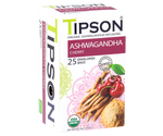 Tipson Ashwagandha Cherry – organiczna mieszanka rumianku, ashwagandhy, hibiskusa, trawy cytrynowej, skórki pomarańczy oraz naturalnego aromatu wiśni. Kopertowane saszetki zostały umieszczone w opakowaniu ozdobionym grafiką wiśni  i przypraw.