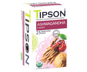 Tipson Ashwagandha Cherry – organiczna mieszanka rumianku, ashwagandhy, hibiskusa, trawy cytrynowej, skórki pomarańczy oraz naturalnego aromatu wiśni. Kopertowane saszetki zostały umieszczone w opakowaniu ozdobionym grafiką wiśni  i przypraw.