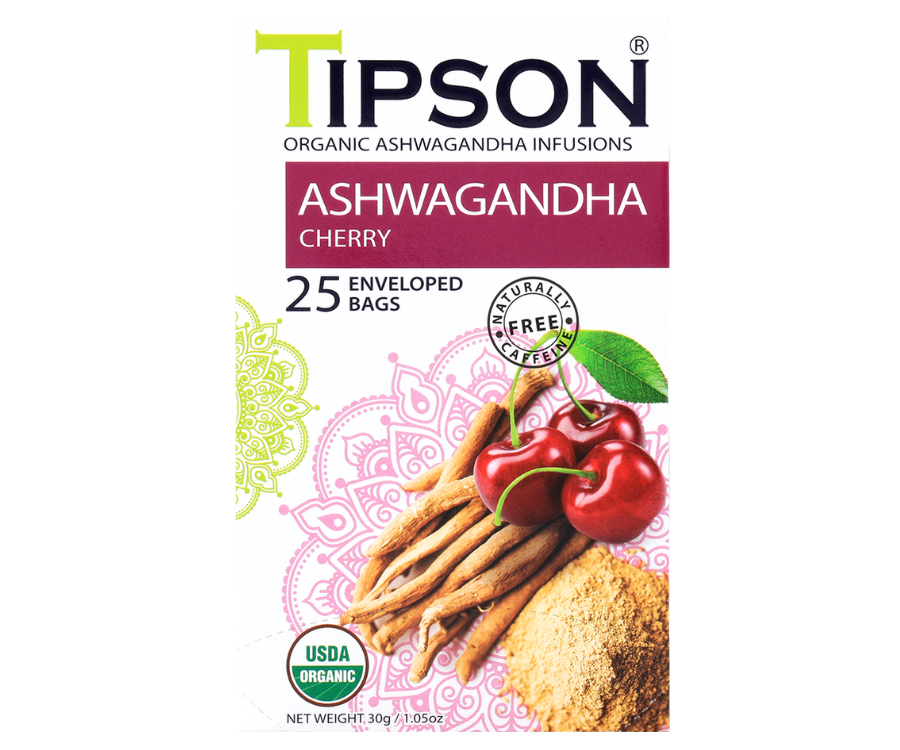 Tipson Ashwagandha Cherry – organiczna mieszanka rumianku, ashwagandhy, hibiskusa, trawy cytrynowej, skórki pomarańczy oraz naturalnego aromatu wiśni. Kopertowane saszetki zostały umieszczone w opakowaniu ozdobionym grafiką wiśni  i przypraw.