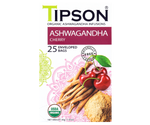 Tipson Ashwagandha Cherry – organiczna mieszanka rumianku, ashwagandhy, hibiskusa, trawy cytrynowej, skórki pomarańczy oraz naturalnego aromatu wiśni. Kopertowane saszetki zostały umieszczone w opakowaniu ozdobionym grafiką wiśni  i przypraw.