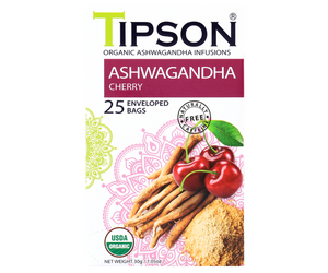 Tipson Ashwagandha Cherry – organiczna mieszanka rumianku, ashwagandhy, hibiskusa, trawy cytrynowej, skórki pomarańczy oraz naturalnego aromatu wiśni. Kopertowane saszetki zostały umieszczone w opakowaniu ozdobionym grafiką wiśni  i przypraw.