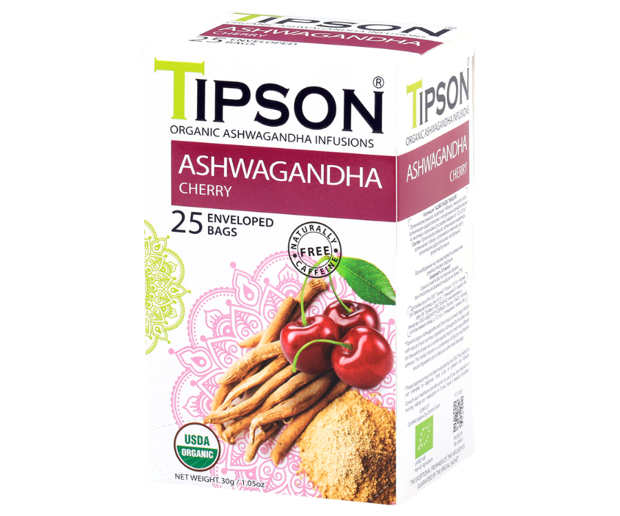 Tipson Ashwagandha Cherry – organiczna mieszanka rumianku, ashwagandhy, hibiskusa, trawy cytrynowej, skórki pomarańczy oraz naturalnego aromatu wiśni. Kopertowane saszetki zostały umieszczone w opakowaniu ozdobionym grafiką wiśni  i przypraw.