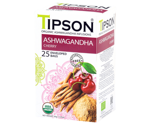 Tipson Ashwagandha Cherry – organiczna mieszanka rumianku, ashwagandhy, hibiskusa, trawy cytrynowej, skórki pomarańczy oraz naturalnego aromatu wiśni. Kopertowane saszetki zostały umieszczone w opakowaniu ozdobionym grafiką wiśni  i przypraw.