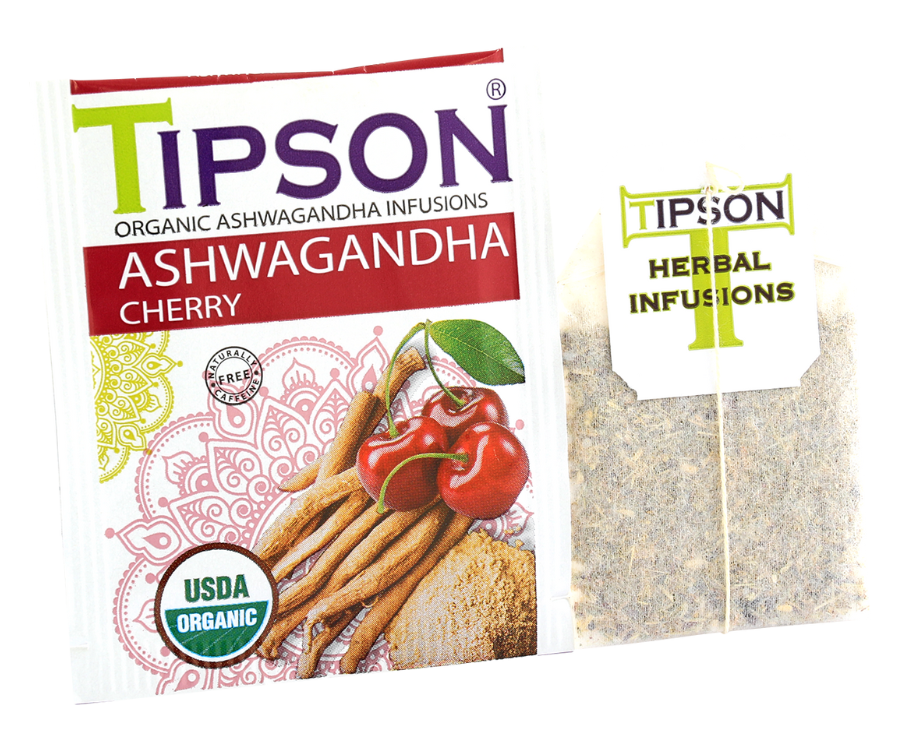 Tipson Ashwagandha Cherry – organiczna mieszanka rumianku, ashwagandhy, hibiskusa, trawy cytrynowej, skórki pomarańczy oraz naturalnego aromatu wiśni. Kopertowane saszetki zostały umieszczone w opakowaniu ozdobionym grafiką wiśni  i przypraw.