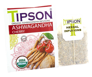 Tipson Ashwagandha Cherry – organiczna mieszanka rumianku, ashwagandhy, hibiskusa, trawy cytrynowej, skórki pomarańczy oraz naturalnego aromatu wiśni. Kopertowane saszetki zostały umieszczone w opakowaniu ozdobionym grafiką wiśni  i przypraw.