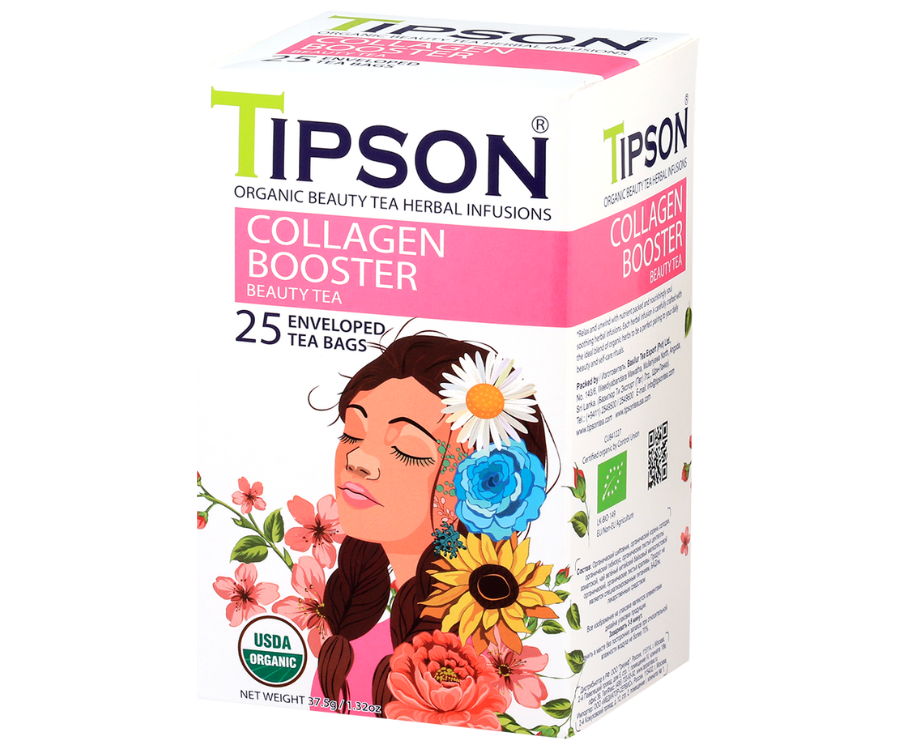 Tipson Collagen Booster – organiczna mieszanka zielonej herbaty, dzikiej róży, korzenia lukrecji, hibiskusa, wąkroty azjatyckiej (gotu kola) oraz liści pokrzywy na piękną o zdrową cerę. Kopertowane saszetki zostały umieszczone w ozdobnym opakowaniu.