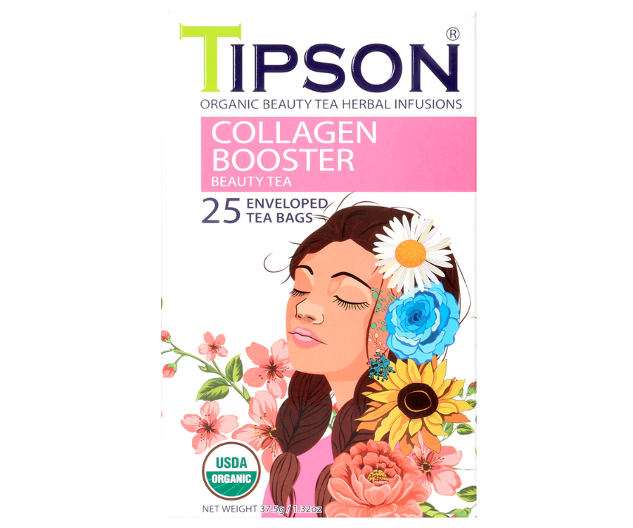 Tipson Collagen Booster – organiczna mieszanka zielonej herbaty, dzikiej róży, korzenia lukrecji, hibiskusa, wąkroty azjatyckiej (gotu kola) oraz liści pokrzywy na piękną o zdrową cerę. Kopertowane saszetki zostały umieszczone w ozdobnym opakowaniu.