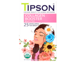 Tipson Collagen Booster – organiczna mieszanka zielonej herbaty, dzikiej róży, korzenia lukrecji, hibiskusa, wąkroty azjatyckiej (gotu kola) oraz liści pokrzywy na piękną o zdrową cerę. Kopertowane saszetki zostały umieszczone w ozdobnym opakowaniu.