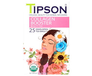 Tipson Collagen Booster – organiczna mieszanka zielonej herbaty, dzikiej róży, korzenia lukrecji, hibiskusa, wąkroty azjatyckiej (gotu kola) oraz liści pokrzywy na piękną o zdrową cerę. Kopertowane saszetki zostały umieszczone w ozdobnym opakowaniu.