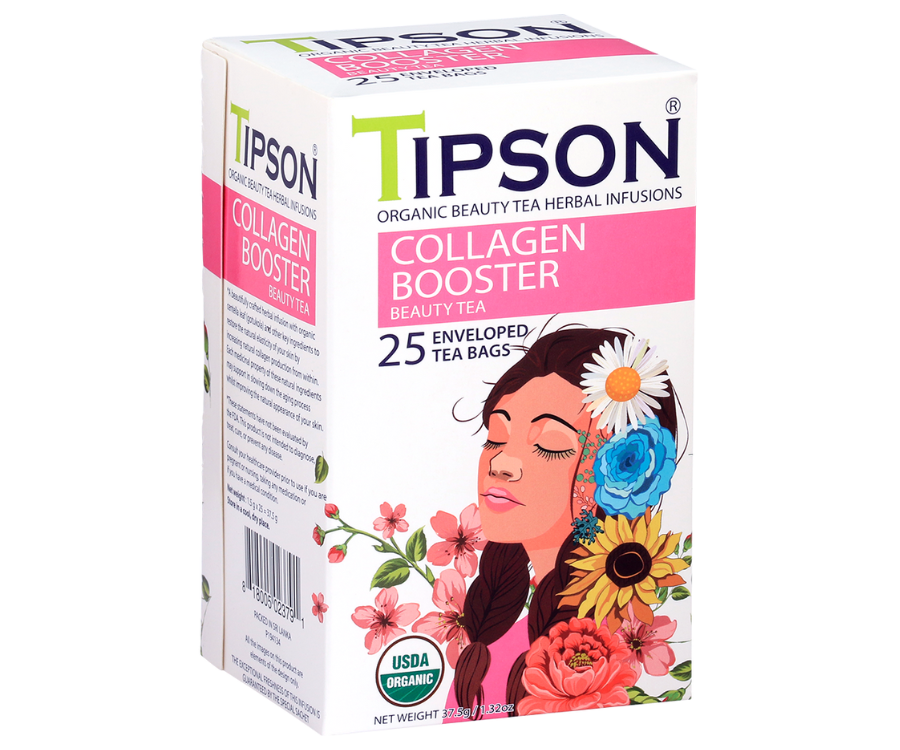 Tipson Collagen Booster – organiczna mieszanka zielonej herbaty, dzikiej róży, korzenia lukrecji, hibiskusa, wąkroty azjatyckiej (gotu kola) oraz liści pokrzywy na piękną o zdrową cerę. Kopertowane saszetki zostały umieszczone w ozdobnym opakowaniu.