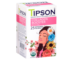 Tipson Collagen Booster – organiczna mieszanka zielonej herbaty, dzikiej róży, korzenia lukrecji, hibiskusa, wąkroty azjatyckiej (gotu kola) oraz liści pokrzywy na piękną o zdrową cerę. Kopertowane saszetki zostały umieszczone w ozdobnym opakowaniu.