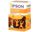 Tipson De-Stress – organiczna mieszanka dzikiej róży, mięty pieprzowej, tulsi, lukrecji i skórki pomarańczy. Kopertowane saszetki zostały umieszczone w opakowaniu ozdobionym grafiką grupki ludzi spędzających aktywnie czas na świeżym powietrzu.