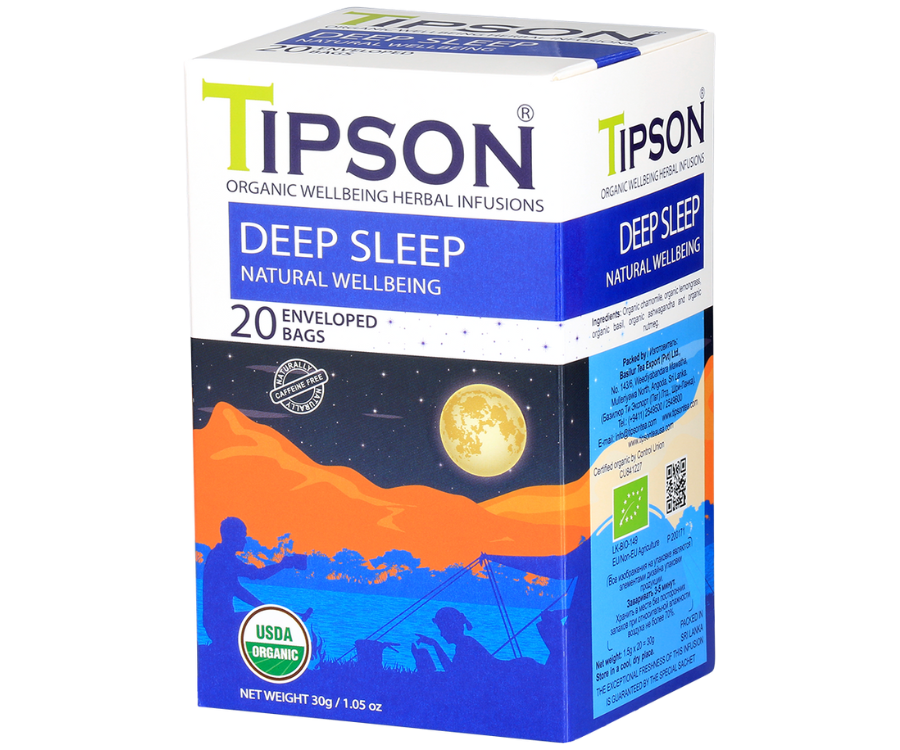 Tipson Deep Sleep  - organiczna mieszanka rumianku, trawy cytrynowej, bazylii, ashwagandhy oraz gałki muszkatołowej. Kopertowane saszetki zostały umieszczone w opakowaniu ozdobionym grafiką biwakującej pary spędzającej noc na łonie natury.