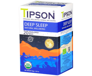 Tipson Deep Sleep  - organiczna mieszanka rumianku, trawy cytrynowej, bazylii, ashwagandhy oraz gałki muszkatołowej. Kopertowane saszetki zostały umieszczone w opakowaniu ozdobionym grafiką biwakującej pary spędzającej noc na łonie natury.