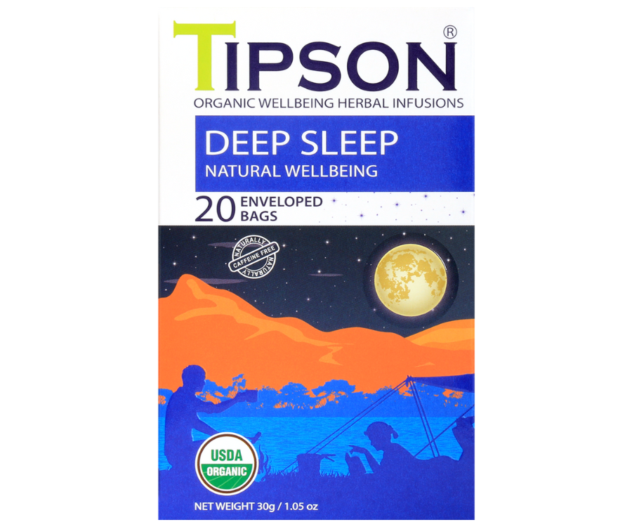 Tipson Deep Sleep  - organiczna mieszanka rumianku, trawy cytrynowej, bazylii, ashwagandhy oraz gałki muszkatołowej. Kopertowane saszetki zostały umieszczone w opakowaniu ozdobionym grafiką biwakującej pary spędzającej noc na łonie natury.