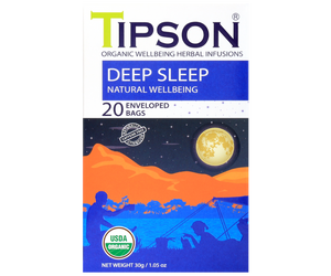 Tipson Deep Sleep  - organiczna mieszanka rumianku, trawy cytrynowej, bazylii, ashwagandhy oraz gałki muszkatołowej. Kopertowane saszetki zostały umieszczone w opakowaniu ozdobionym grafiką biwakującej pary spędzającej noc na łonie natury.