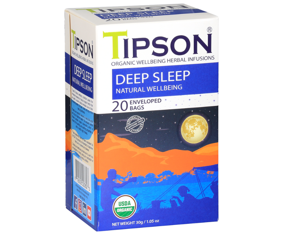 Tipson Deep Sleep  - organiczna mieszanka rumianku, trawy cytrynowej, bazylii, ashwagandhy oraz gałki muszkatołowej. Kopertowane saszetki zostały umieszczone w opakowaniu ozdobionym grafiką biwakującej pary spędzającej noc na łonie natury.