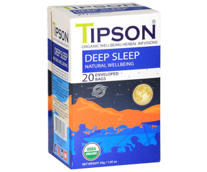 Tipson Deep Sleep  - organiczna mieszanka rumianku, trawy cytrynowej, bazylii, ashwagandhy oraz gałki muszkatołowej. Kopertowane saszetki zostały umieszczone w opakowaniu ozdobionym grafiką biwakującej pary spędzającej noc na łonie natury.