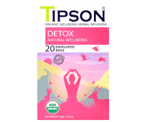 Tipson Detox – organiczna mieszanka z kolendry, mięty pieprzowej, trawy cytrynowej, imbiru, rumianku, kurkumy, pieprzu czarnego oraz kardamonu. Kopertowane saszetki zostały umieszczone w opakowaniu ozdobionym grafiką kobiety uprawiającej jogę na łonie natury.