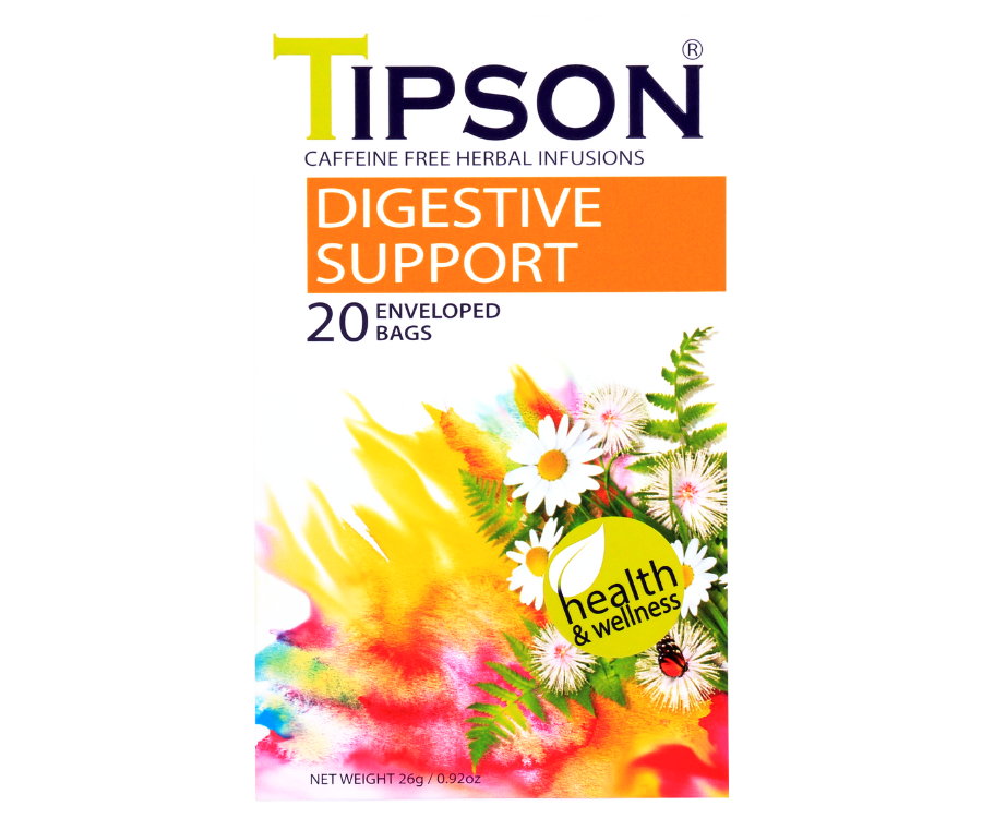 Tipson Digestive Support – ziołowa mieszanka rumianku, kolendry, mięty pieprzowej, kopru włoskiego, imbiru, lukrecji i kardamonu na zniwelowanie dolegliwości układu pokarmowego po posiłku. Kopertowane saszetki zostały umieszczone w ozdobnym opakowaniu z kwiatowym motywem.