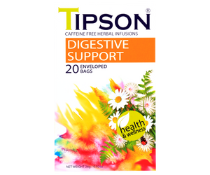 Tipson Digestive Support – ziołowa mieszanka rumianku, kolendry, mięty pieprzowej, kopru włoskiego, imbiru, lukrecji i kardamonu na zniwelowanie dolegliwości układu pokarmowego po posiłku. Kopertowane saszetki zostały umieszczone w ozdobnym opakowaniu z kwiatowym motywem.