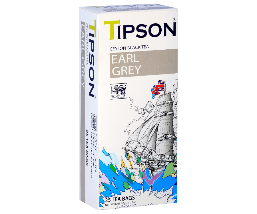 Tipson Earl Grey – czarna herbata cejlońska z dodatkiem aromatu bergamotki. Torebki herbaty zostały umieszczone w ozdobnym opakowaniu z grafiką brytyjskiego statku.