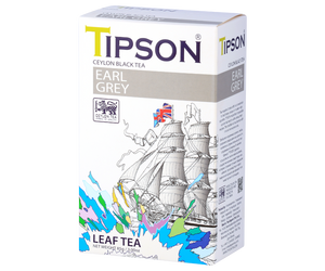 Tipson Earl Grey – czarna herbata cejlońska z dodatkiem aromatu bergamotki. Mieszanka liści została umieszczona w ozdobnym opakowaniu z grafiką brytyjskiego statku.