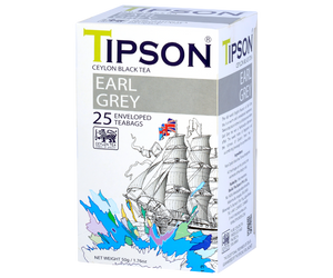 Tipson Earl Grey – czarna herbata cejlońska z dodatkiem aromatu bergamotki. Kopertowane saszetki zostały umieszczone w ozdobnym opakowaniu z grafiką brytyjskiego statku.